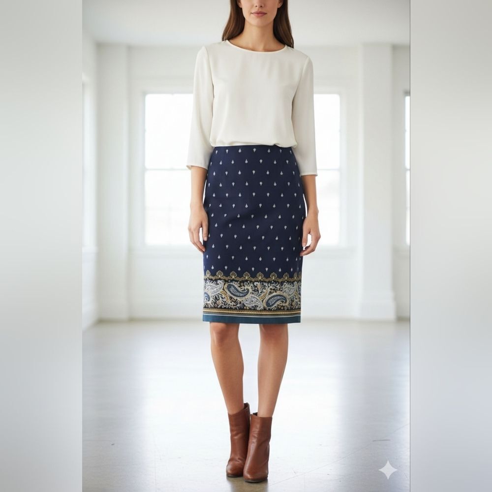 Linda Matthews Blue Printed Pull-On Knee Length Pencil Skirt Size Small 🐈